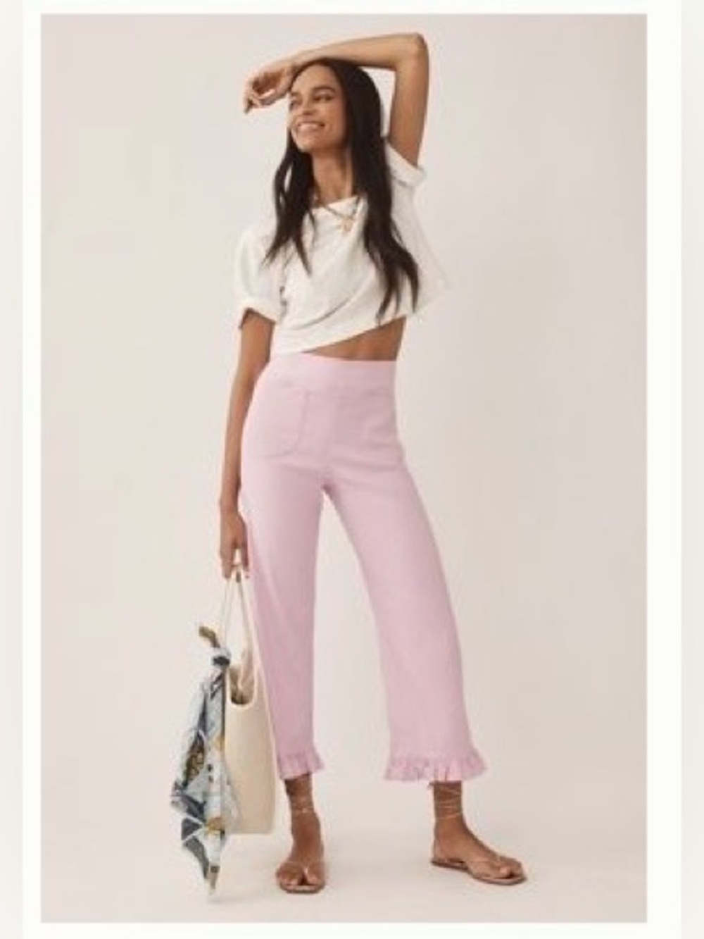 Maeve Colette Ruffle-Hem High Rise Wide Leg Pants in Light Pink